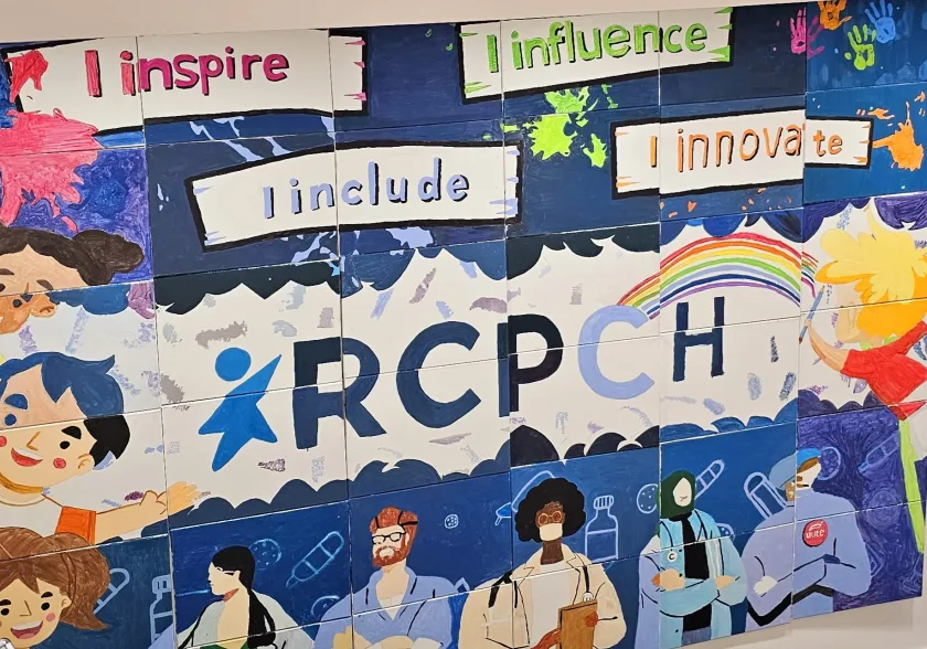 Collective artwork by RCPCH staff Artwork of RCPCH with I inspire, I include, I influence, I innovate - pictures of healthcare staff, children and bright splashes