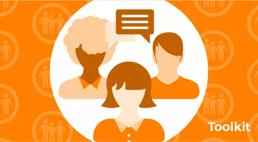 Child health inequalities | Develop skills for talking to families Icons of three people with speech bubble; background with repeated icon of family - 'Toolkit'