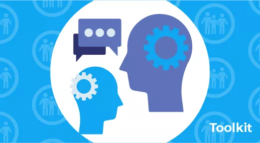 Child health inequalities | Improve your understanding of child poverty Illustrations of heads with thinking cogs and speech mark, on background with repeated icon of family - 'Toolkit'