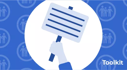 Health inequalities toolkit | Taken national political action Icon of hand holding placard - background of repeated icon of family - 'Toolkit'