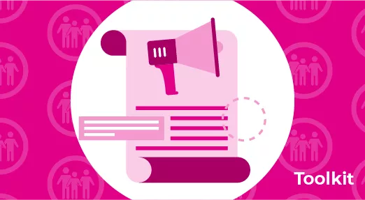 Health inequalities toolkit | Advocate for change Icon of unrolled scroll with megaphone - on background of repeated icon of family - 'Toolkit'