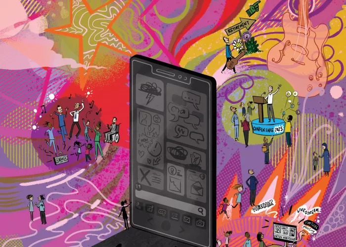 Cover illustration from Milestones magazine, spring 2024 Cover illustration from Milestones magazine - mobile phone and celebrations