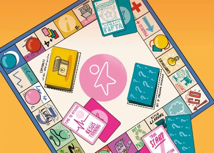Cover illustration from Milestones magazine, summer 2025 Cover illustration from Milestones magazine - board game like Monopoly with cards and squares relating to RCPCH
