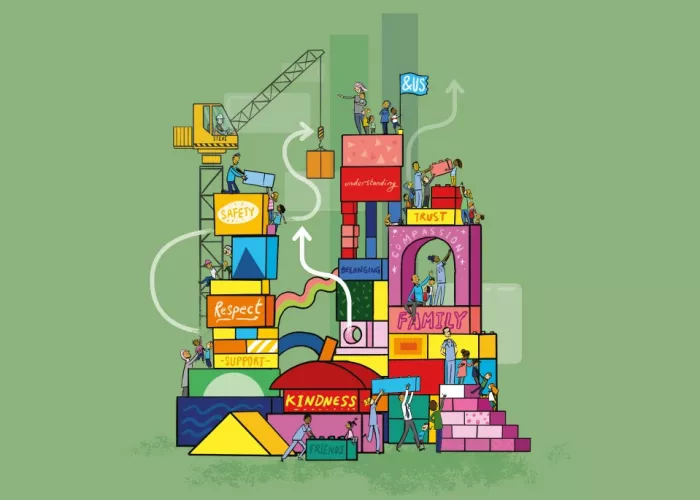 From cover of Milestones autumn 2025 edition Illustration of toy blocks making a tower