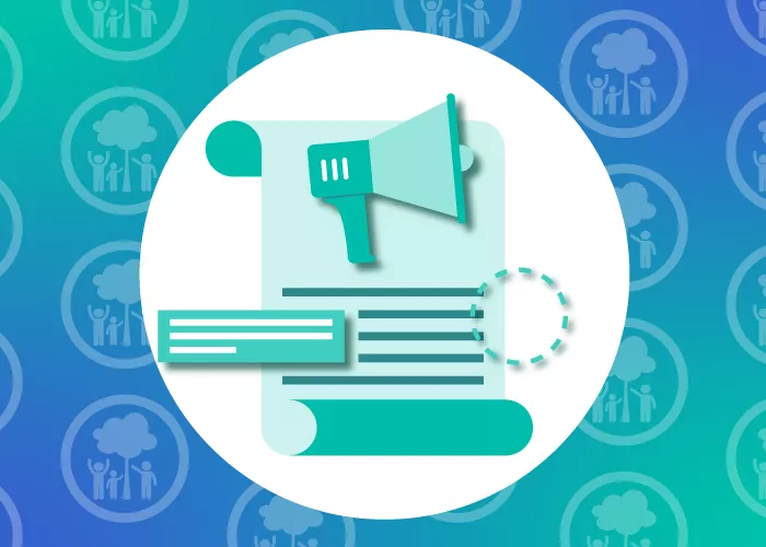 Graphic of megaphone, document and headline, on background with repeated icon of family and tree