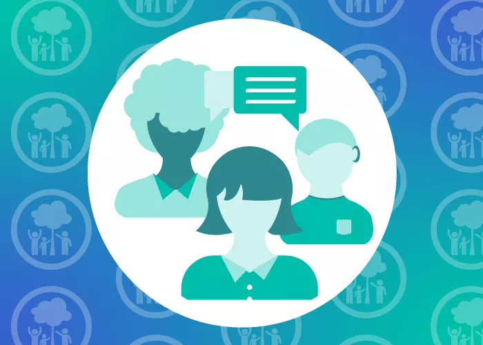 Graphic of three children/young people with speech bubbles, on background with repeated icon of family and tree